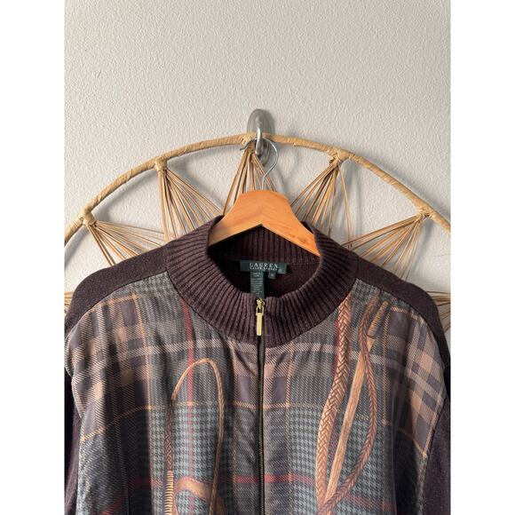 Vtg Ralph Lauren Brown Cashmere Silk Zip Cardigan Sweater Equestrian Plaid 3X - Picture 2 of 12